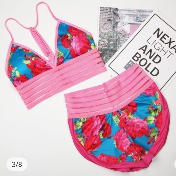 FLUORESCENT Floral Swim Suit, Size Large Top with Size Small Bottom - Picture 15 of 15
